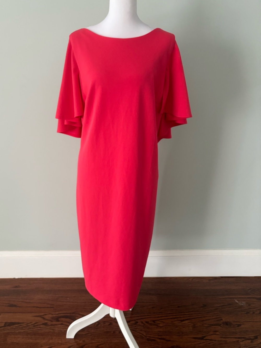 Calvin Klein Coral Pink Midi Stretch Crepe Flutter Sleeve Cape Dress